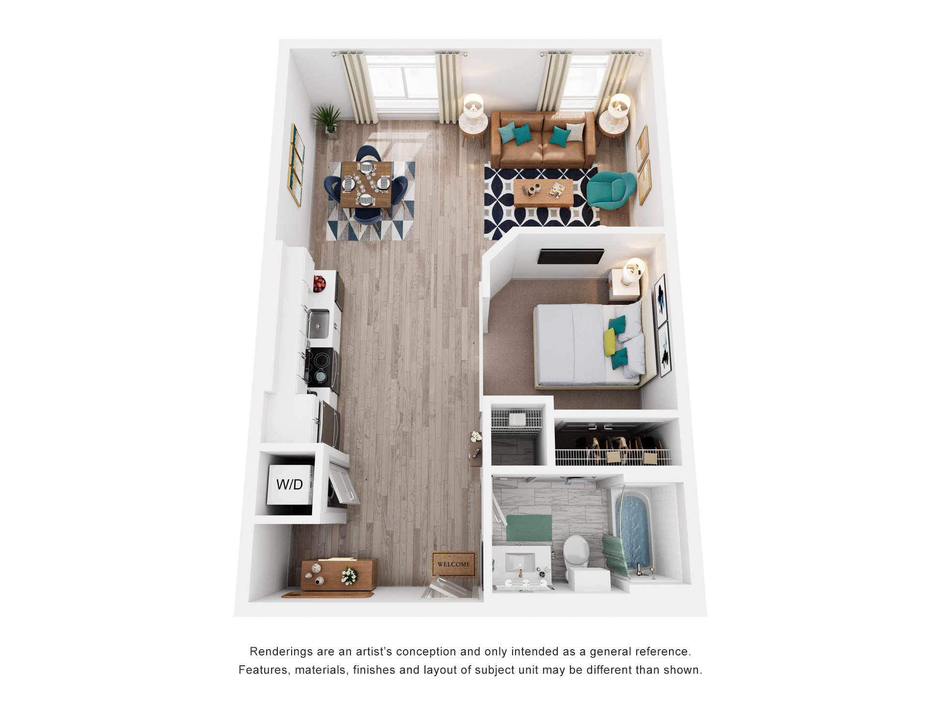 Floor plan for 1 bed, 1 bath, 585 sqft
